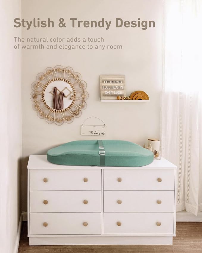 Contoured Changing Pad with Soft & Washable Cover, Waterproof Lining Foam Baby Changing Table Pads for Dresser Top, Secure with Security Strap and Two High Curved Sides, 32?�Ã?6?? Sage Green