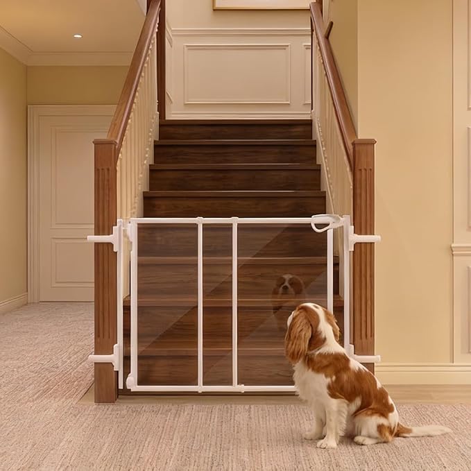 beeNbkks Clear Dog Gate for Stairs, No Bottom Bar 30" Tall Pet Barrier with 4 Banister Adapters, Fits 1.5"-3.5" Wide Posts, 29.5"-44.5" (1 Rail) or 30.5"-46" (2 Rails) Wide Opening, Indoor Outdoor Use