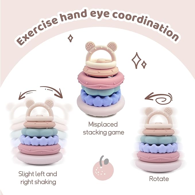 Baby Bear Teething & Stacking Toy Set - Teething Toys Silicone Teethers, Soft Baby Stacker Rings Teether, Learning Toy Gift for Boys and Girls 6+ Months (Beige)