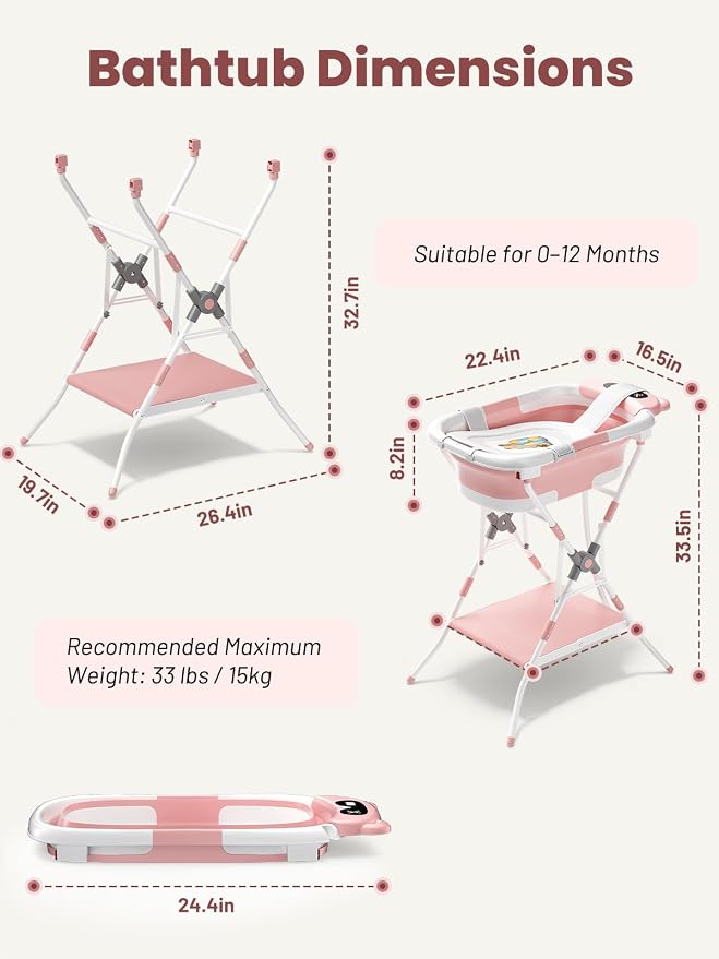 Baby Bathtub with Stand, Foldable Metal Standing Baby Bath Tub, 3-in-1 Anti-Slip Collapsible Tub with Cushion Storage Pad, Elevated Design for Newborn Toddler, Pink