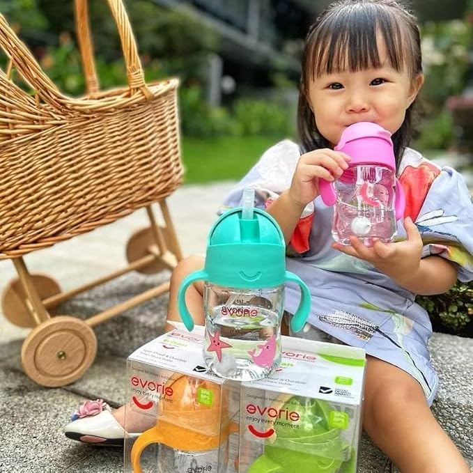 Evorie Tritan 7 Oz Weighted Straw Sippy Cup for Baby and 10 Oz Toddler Bottle with Straw and Removable Handles for School (Bumble Bee and Happy Valley)