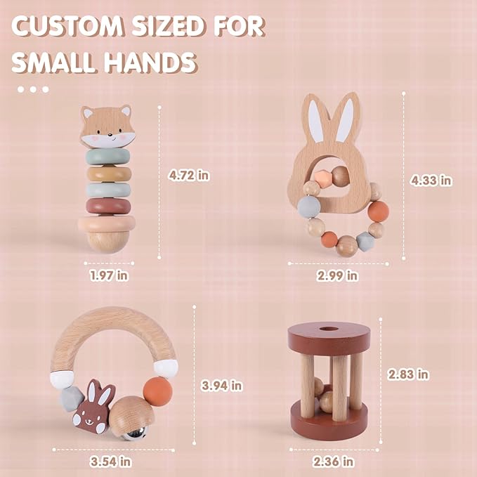FReniland Wooden Baby Toy Set, Montessori Grasping Toys for Infants 10M+, Bunny & Bear Themed Natural Wood Sensory Toys, Fine Motor Skill Development Gift for Boys & Girls