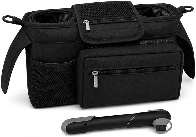 Jogging Stroller Organizer with Tire Pump, 2 Cup Holders and Phone Pocket | Built for jogging strollers with air-filled tires, Oxford fabric, adjustable straps, and a detachable essentials pouch.