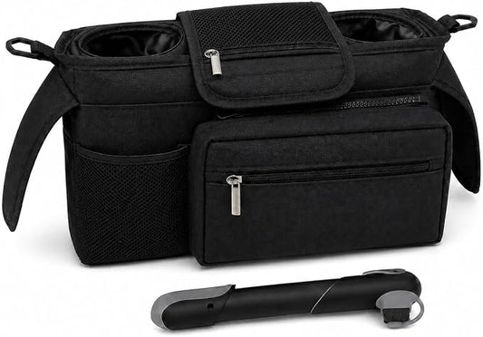 Jogging Stroller Organizer with Tire Pump, 2 Cup Holders and Phone Pocket | Built for jogging strollers with air-filled tires, Oxford fabric, adjustable straps, and a detachable essentials pouch.