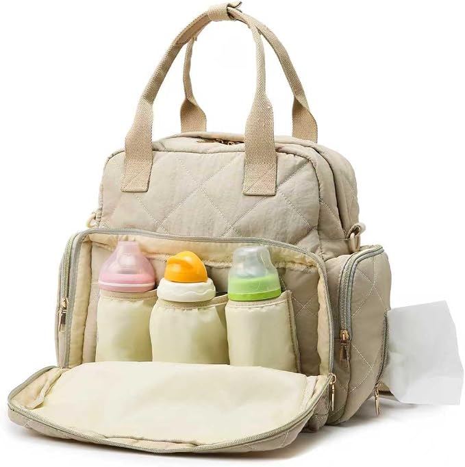 Tristan Home Quilted Diaper Bag Backpack – Insulated Bottle Pockets, Maternity Hospital Travel Bag for Moms (Pink)