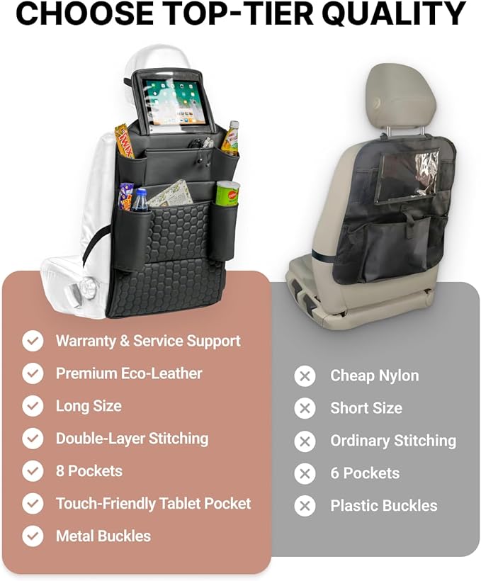 Owleys Back Seat Car Organizer for Kids, Front Passenger Caddy, Center Row Vehicle Storage with Pockets ??Premium Eco Leather, 8 Compartments, Black Travel Accessory for SUV, Truck, Sedan, Van, Jeep