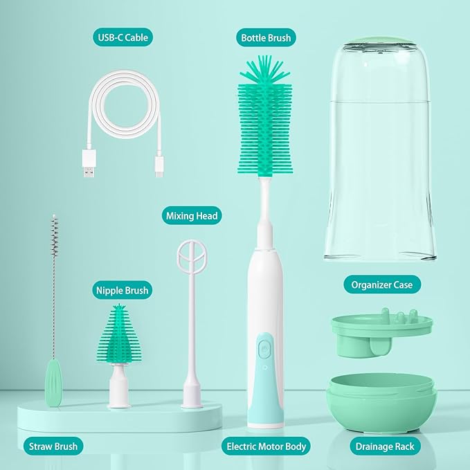 Electric Bottle Brush Cleaner, Portable Rechargeable Baby Bottle Cleaner Kit for Travel with Silicone Nipple & Straw Brush, Drainage Rack, Storage Box(Green)