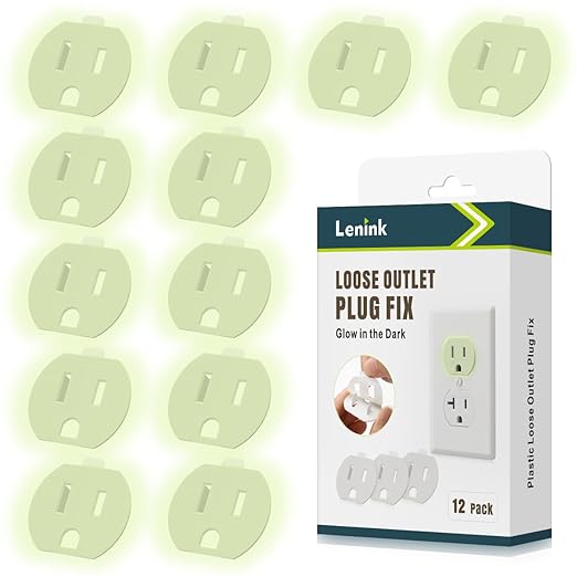 Lenink Loose Outlet Plug Fix, Glow in Dark, 12 Pack Plastic Snug Socket Secured, Outlet Tightener Insert, with Back Adhesive