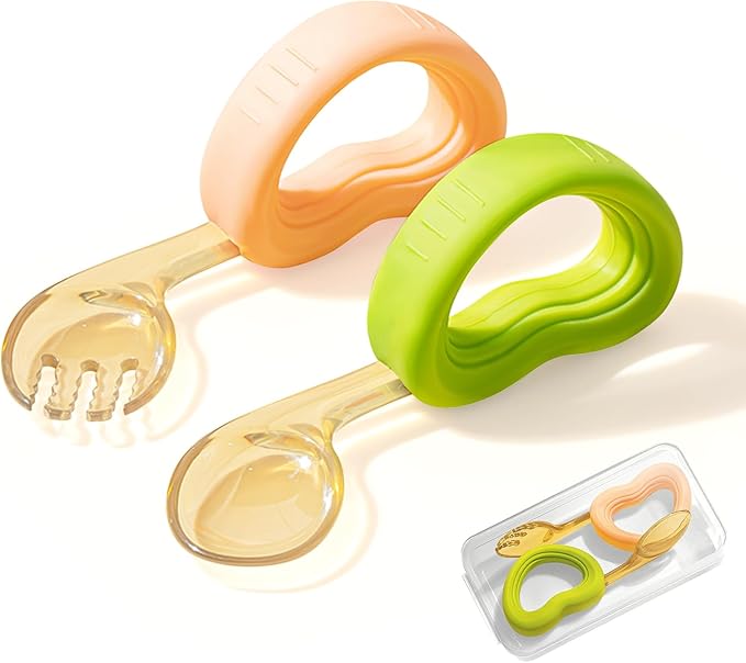 Toddler Forks and Spoons Set,Baby Utensils 12-18 Months with Silicone Easy-Grip Handle & Travel Case,BPA-Free Toddler Utensils 1 Year Old,Kids Utensils,Dishwasher Safe,Orange+Green