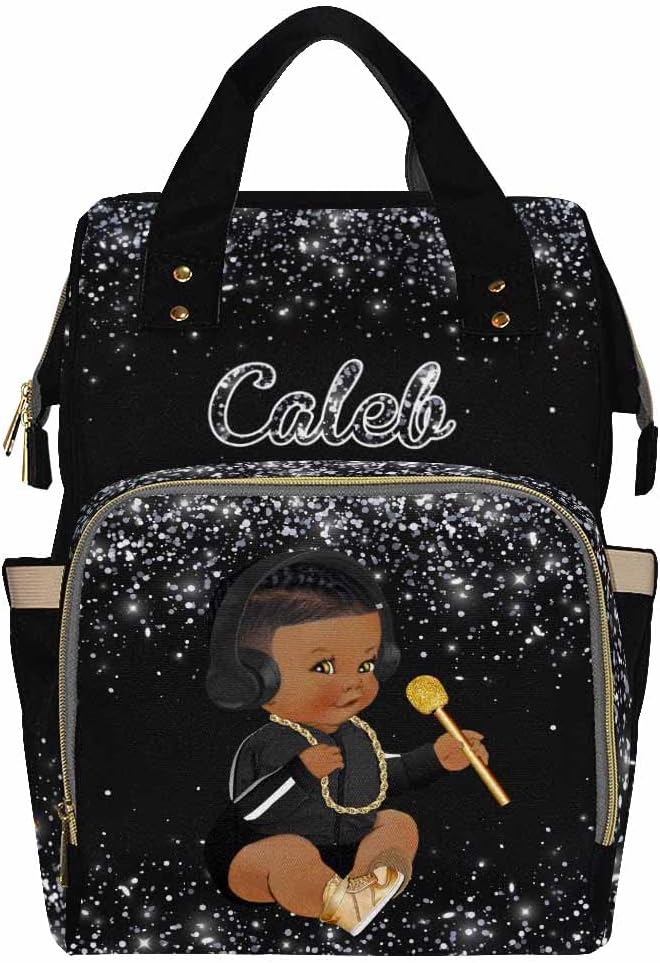 InterestPrint Custom Name Diaper Bag Backpack with Prince Glitter Dot Design, Black, 10.83" L x 6.69" W x 15" H, Waterproof Nylon, Insulated Milk Bottle Pockets, Unisex