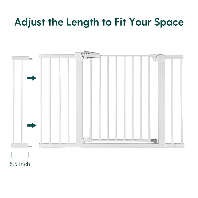 BABELIO Metal Baby Gate, 5.5inch (14cm) White Extension, Extra Wide Baby Gates for Stairs & Doorways, Pressure Mounted Walk Thru Child Gate with Door, NO Need Tools NO Drilling,28" Tall
