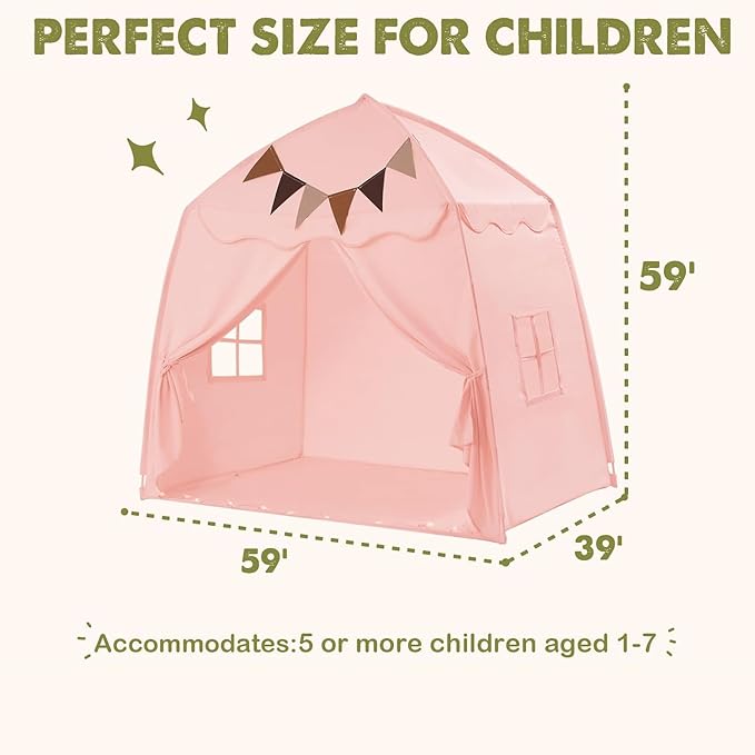 Extra Large Toddler Bed Tent & Kids Play Tent Bed Tent with Flags & Star Lights, Portable & Foldable Teepee, Indoor Outdoor Dome Tent Playhouse, 59x39x59 in,Pink