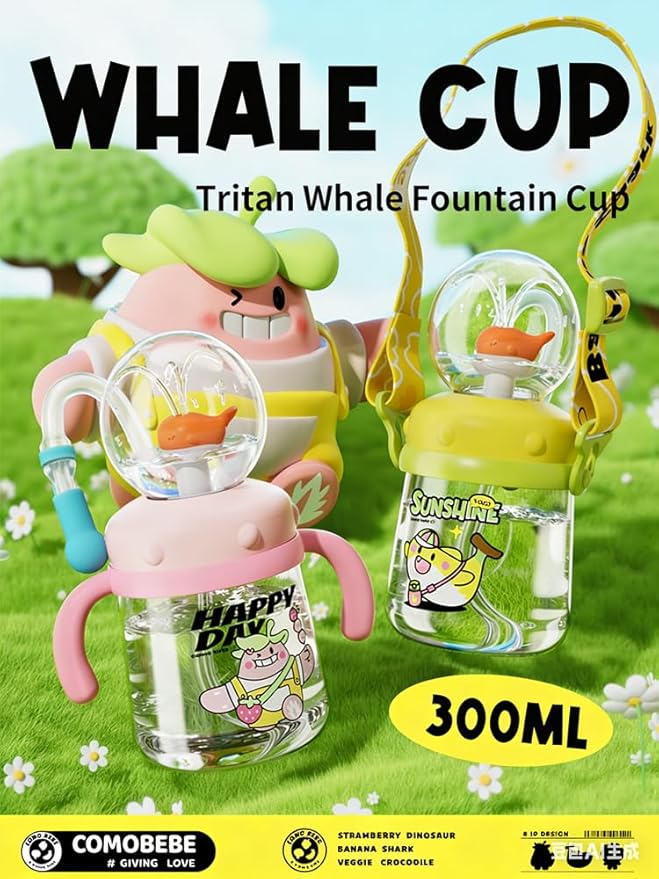 Comobebe Whale Fountain Cup for Kids Toddlers: 10oz/300ml Spill Proof Toddler Sippy,Straw Cup with Handle & Strap, BPA-Free forsippy cups for toddlers 1-3,Kids Water Bottle (Yellow)
