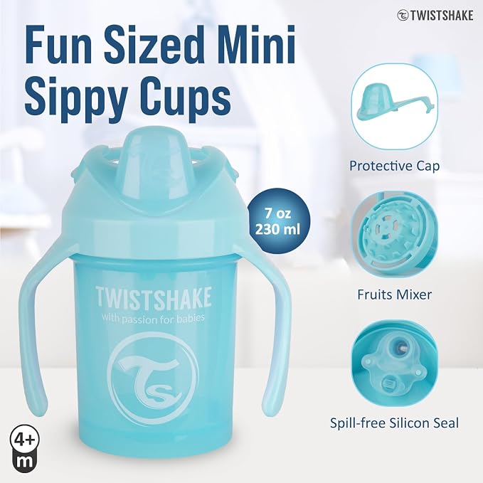 Twistshake Non-Spill Mini Baby Sippy Cup with Soft Spout and Fruit Mixer - 230ml | Leak Proof Baby Weaning Cup | Easy-Grip Toddler Cups | BPA-Free Sippy Cups for Toddlers | Pastel Blue- 1 Count