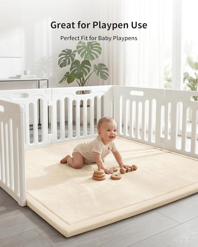 Goyuu Ultra Soft 1.3" Thick Baby Play Mat for Floor, 59x71 Playpen Mat Elasti-Foam Padded Crawling Mat for Babies, Toddlers, Infant, Kids, Non-Slip Backing Safe for Tummy Time, Beige