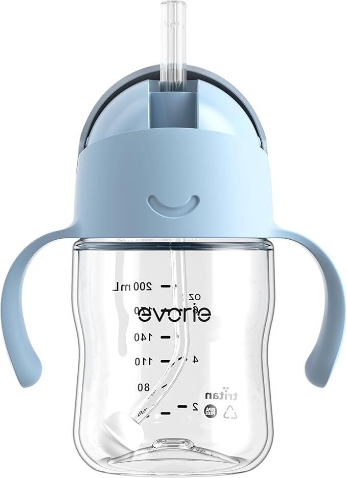 Evorie Tritan Weighted Straw Sippy Cup with Handles for Baby and Toddlers, Spill Proof Baby Water Bottle with Straw for 6 Months and up, 7 Oz, Infant Training Water Bottle (Blue)