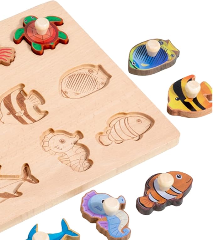 Vaveren Wooden Shapes Puzzle Shape Sorter Board Preschool Hand Eye Coordination Fine Motor Skill for Children Toddlers Birthday Gifts, Marine