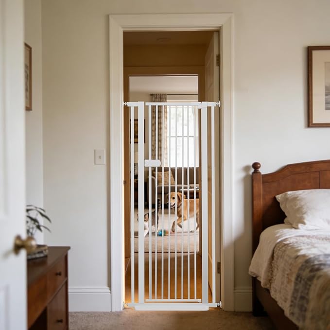 Lumizone Extra Tall Cat Gate 55.12" High Pressure Mounted 26.18"-29.91" Extra Wide 1.37" Gap No Drilling Auto-Close One-Handed Operation Tall Pet Gate for Dogs(White, 55.12" H x 26.18"-29.91" W)