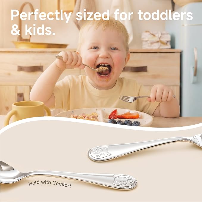KINGSTONE Kids Silverware Set, 12-Piece Large Forks & Spoons, 18/10 Stainless Steel, Cat & Dog Print, Ergonomic Flatware for Self-Feeding Toddlers, Home & Travel