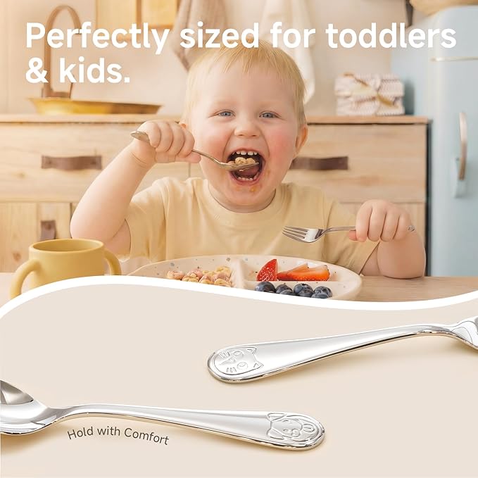 KINGSTONE Toddler Utensils Set, 12-Piece Small Forks & Spoons, 18/10 Stainless Steel, Cat & Dog Print, Ergonomic Self-Feeding Kids Flatware for Toddlers, Home & Preschool