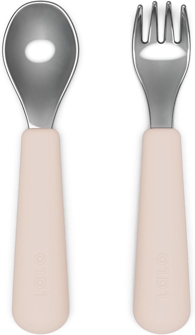 Lalo Utensils - Toddler Fork and Spoon Set - Stainless Steel and Silicone Ergonomic Toddler Utensils - Children Safe Flatware Set - 2 Pieces - Grapefruit