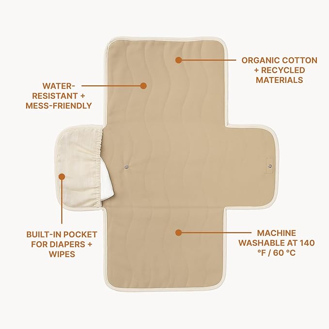 Toddlekind Mini Maven Portable Changing Pad ??Organic Cotton & Water-Resistant Polyester ??Travel-Friendly, Foldable Change Mat ??Tofu Beige Stripes with Wave Stitching ??Chic, Durable, Easy to Clean
