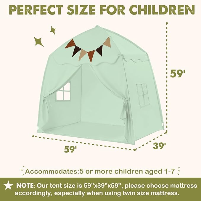 Extra Large Toddler Play Tent & Kids Tent Play Tents with Flags & Star Lights, Portable & Foldable Teepee, Bed Canopy for Boys & Girls, Indoor Outdoor JoyHut Dome Tents Playhouse, 59x39x59 in,Green