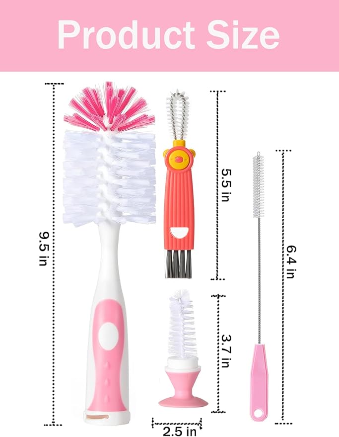 Baby Bottle Brush Set 4 in 1, Baby Bottle Cleaner, with 1P Nylon Bottle Brush, 1P Bottle Cap Brushes, 2P Straw Brushes, Bottle Brush with Nipple Cleaner and Suction Cup, BPA-Free(Pink)