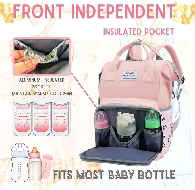 Small Diaper Bag Backpack - Diaper Bag for Mom Dad- Diaper Bag Backpack for Girl - Baby Girl Diaper Bag for Mom - Stylish Baby Travel Bag with Insulated Pockets, Stroller Straps Pink