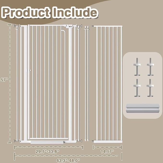 57" Extra Tall Cat Gate, 43.3"-48.0" Wide Pet Gate for Doorway, Pressure Mounted Tall Baby Gate with Door, Walk Through Dog Gate Indoor Stairs, Auto Close Cat Safety Gates, White