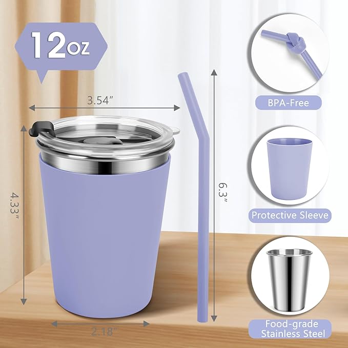 Kids Cups with Straws and Lids Leak Proof, 12oz Sippy Cups for Toddlers 1-3 No Spill, Spill Proof Cup Stainless Steel Kids Cup with Lids for School, Outdoor, 6 Pack