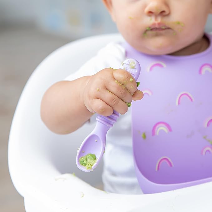 Bumkins Baby Utensils Set, Silicone Spoons for Dipping, Self-Feeding, Baby Led Weaning, Trainer Tip, Soft Chew Safe, Learning First Stage Eating, Babies 4 Months, 3-pk Lollipop Color