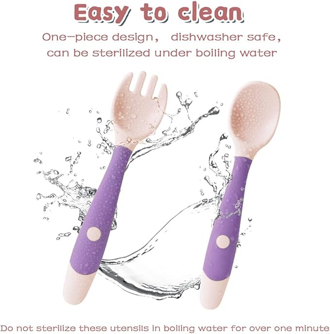 Baby Utensils Spoon Fork with Travel Case, Toddler Utensils for Self Feeding Bendable Handle Silverware for Kids Children (4 Set, Pink+Yellow+Green+Purple)