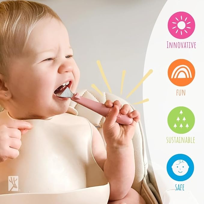 Elk and Friends Kids Silverware with Silicone Handle | Childrens Safe Flatware | Toddler Utensils | Baby Spoons + Forks | Stainless Steel Cutlery | Dishwasher Safe | 6 Pieces