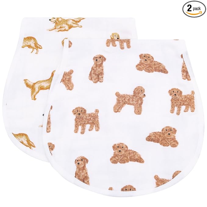 LifeTree Muslin Baby Burp Cloths - 2 Pack 70% Viscose from Bamboo and 30% Cotton Large 22'' by 10.6'' Absorbent Milk Spit Up Rags - Burping Cloths for Newborn, Girls Boys, GoldenRetriever & PoodleDog