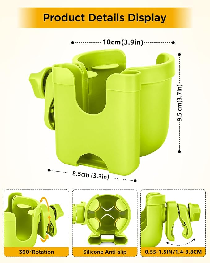 Universal Stroller Cup Holder with Mobile Phone Case, 2-in-1 Strollers Storage Rack, 360 Degrees Rotation Drink Holder for Bike, Pushchair, Wheelchair, Walker,Bicycle, Fits Most Cups (Green)