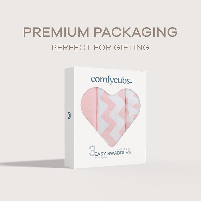 Comfy Cubs Easy Swaddle Blanket, 3 Pack - 100% Cotton Newborn Wrap, Large for 3-6 Months Infants, Breathable and Durable Sleep Sack for Babies - Pink