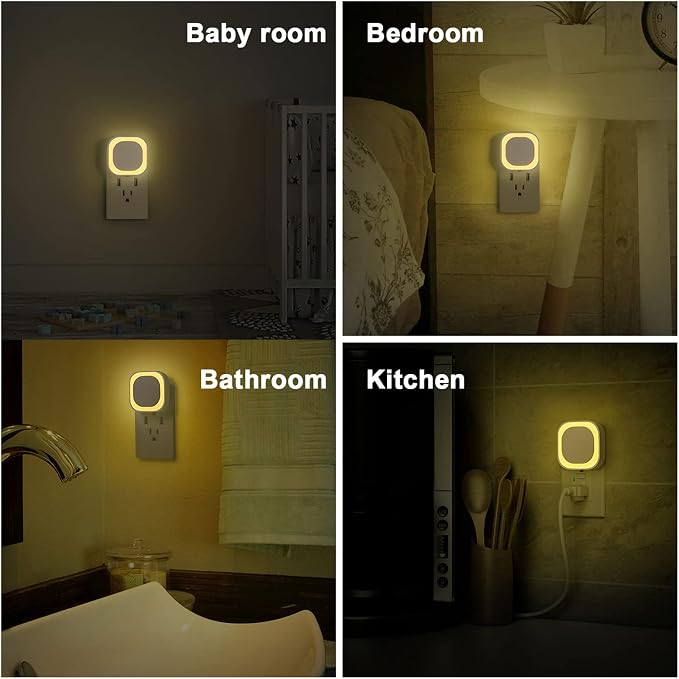 YUNLEX 4 Pack Warm White Night Light, Gentle Eye-Care with Dimmable Soft Glow & Indirect Reflection, Auto Dusk to Dawn Sensor, Plug in Nightlight for Bathroom,Kitchen, Hallway, as Mother Gifts