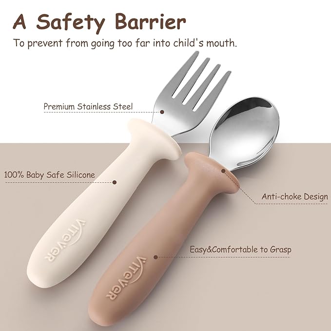 6 Pieces Toddler Utensils, Children Silverware Set with Silicone Handle, Kids Safe Spoons and Forks, Dishwasher Safe, 18/8 Stainless Steel, Food-grade Silicone，BPA Free - Tan
