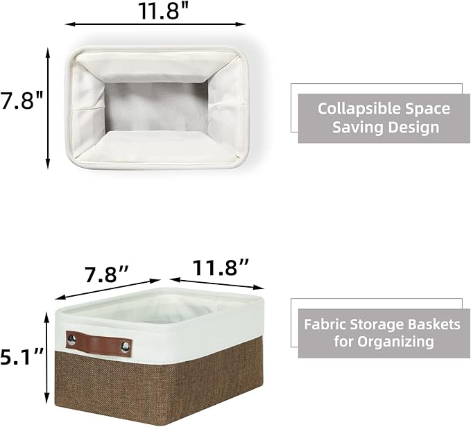 HNZIGE Small Fabric Storage Bins (6 Pack) - Foldable Decorative Baskets with Handles, Empty Gift Baskets for Storage (Brown & White, 11.8" x 7.8" x 5.1")