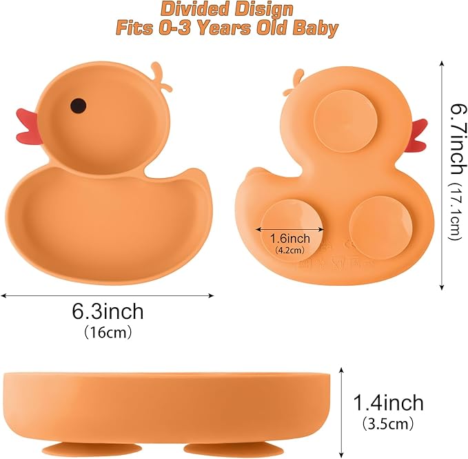 Baby Suction Plate, Silicone Toddler Plate for Kids Baby Weaning Plate Strong Suction Divided Dish with Fork Spoon, BPA Free (Orange) (Orange)