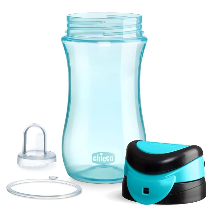 Chicco My Tumbler Open Rim Water Bottle with Free-Flow Spout 12oz. Spill Proof when Lid is Closed Flip-Up Carry Handle Top-Rack Dishwasher Safe Easy to Hold Toddler Cup Teal 2+ Years (Pack of 6)