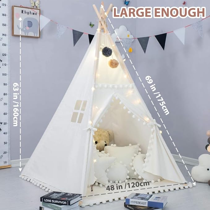 Teepee Tent with Star Lights & Carry Case, Luxury Lace Washable Foldable Toddler 100% Cotton Play Tent for Indoor Outdoor Party Girls & Boys, White