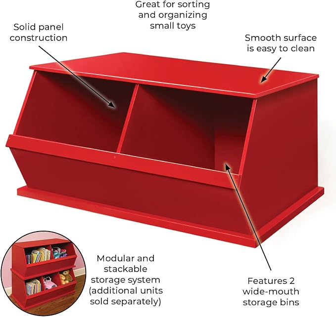 Badger Basket Two-Bin Stackable Toy Storage Cubby Organizer for Kids – Durable Kids Room Storage, Playroom Organizer, Easy Access Bins - Crimson Red