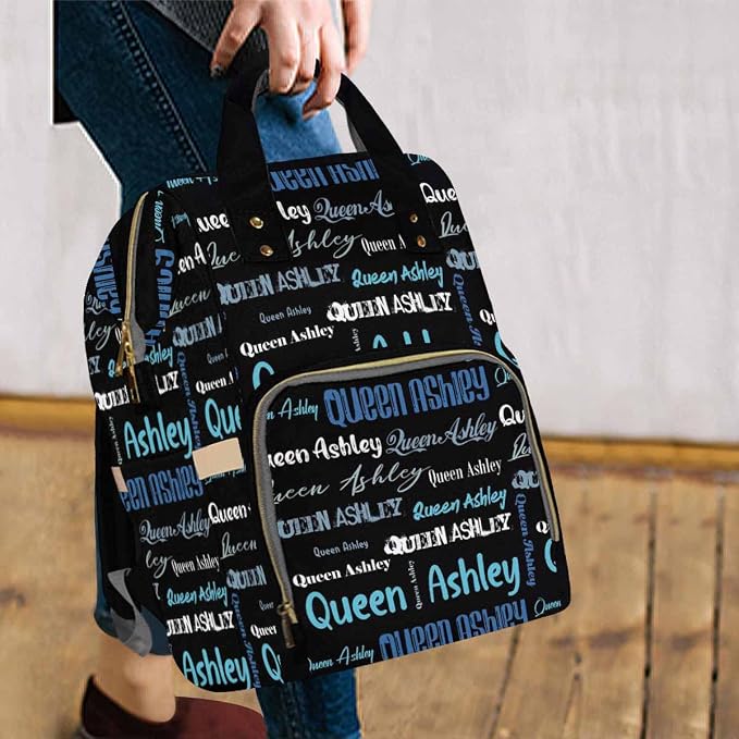 InterestPrint Personalized Name Backpack, Custom Funny Blue White Font Nappy Bags Customized Diapering Bag Backpack Casual Daypack Travel Shoulder Bag for Hiking Camping Work