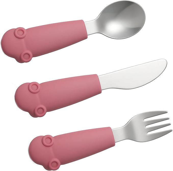 Stainless Steel Silverware Set – Silicone Handle Fork, Spoon & Knife – BPA-Free, Self-Feeding Toddler Utensils | Car Design (Pink Candy)