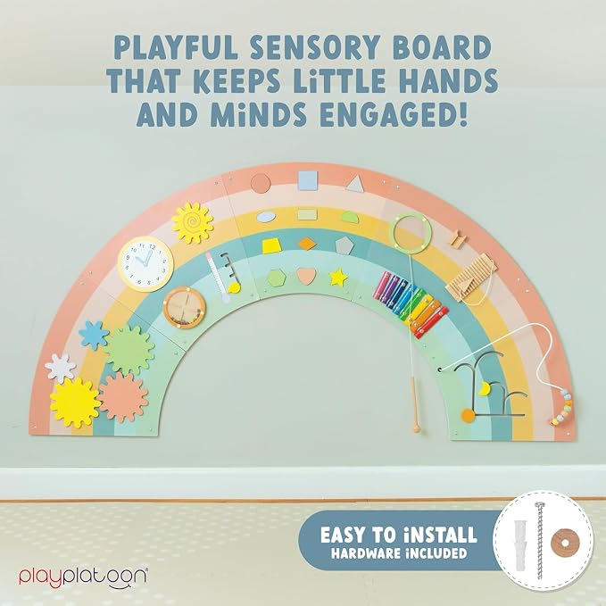 Play Platoon Kids Sensory Wall Panel, Activity Wall Busy Board Toys for Toddlers 1-3, Sensory Board - 64x32 inch Neutral Wooden Rainbow with 11 Activities for Montessori Playroom