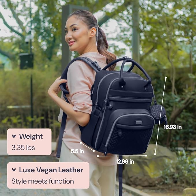 BabbleRoo Leather Diaper Bag Backpack - Baby Essentials Travel Baby Bag, Multi function, with Changing Pad, Stroller Straps & Pacifier Case ??Unisex, Midnight Blue