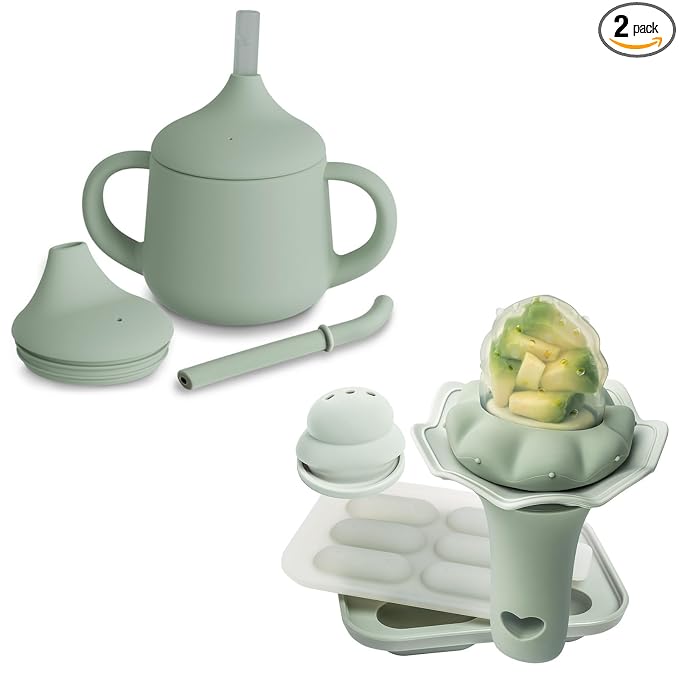 Moonkie Silicone Baby Sippy Cups 3-in-1 Training Cup (4oz) + Baby Fruit Feeder with Freezer Tray & Popsicle Molds | BPA-Free Silicone, 2-Pack for Infants & Toddlers, Ideal for Introducing New Foods &