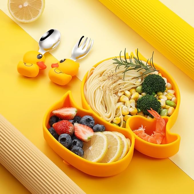 4-Piece Silicone Baby Feeding Set ??Baby Plates with Strong Suction, Toddler Plates Set, Unbreakable Food-Grade Silicone Divided Plate with Spoon, Fork & Straw Brush